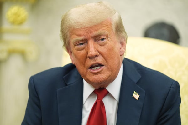 President Donald Trump speaks during a meeting with NATO Secretary General Mark Rutte in the Oval Office of the White House, Monday, July 14, 2025, in Washington. (AP Photo/Evan Vucci)