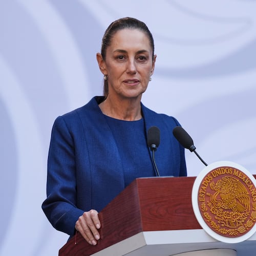 Mexican President Claudia Sheinbaum present a new security strategy against violence for Michoacan state, at the National Palace, in Mexico City, Sunday, Nov. 9, 2025. (AP Photo/Claudia Rosel)
