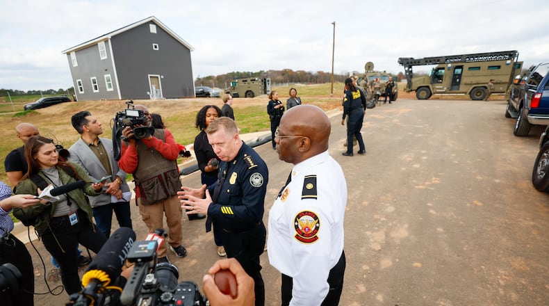 Atlanta Police Chief Darin Schierbaum, accompanied by Atlanta Fire Chief Roderick Smith, provided an update to the press during a media tour at the Atlanta Public Safety Training Center. They discussed the new Simulation Center, which will enable officers to train for various crime scenarios, including domestic disputes, commercial robberies, and kidnappings. Tuesday, Dec. 17, 2024.
(Miguel Martinez / AJC)