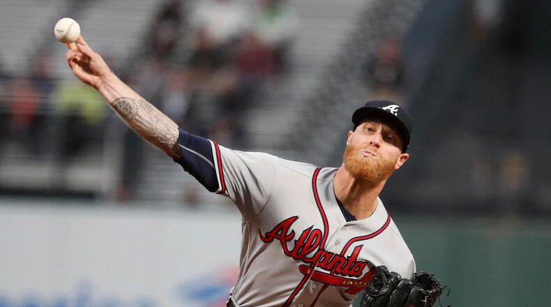 Atlanta Braves starting pitcher Mike Foltynewicz (26) throws against the San Francisco Giants during the first inning of a baseball game in San Francisco, Tuesday, Sept. 11, 2018. (AP Photo/Tony Avelar)