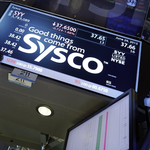 FILE - Specialist John McNierney works at the post that handles Sysco, on the floor of the New York Stock Exchange, Monday, June 29, 2015. (AP Photo/Richard Drew, file)