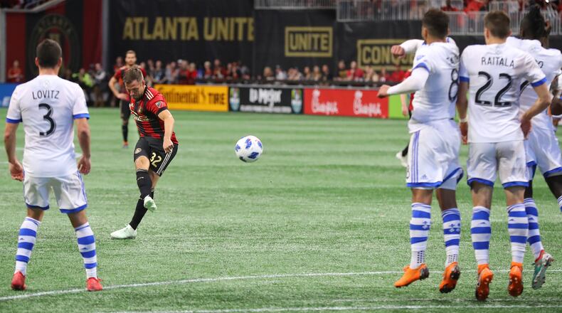 April 28, 2018 Atlanta: Atlanta United midfielder Kevin Kratz scores his second goal of the game, both on free kicks, for a 4-1 victory over the Montreal Impact in a MLS soccer match on Saturday, April 28, 2018, in Atlanta.  Curtis Compton/ccompton@ajc.com