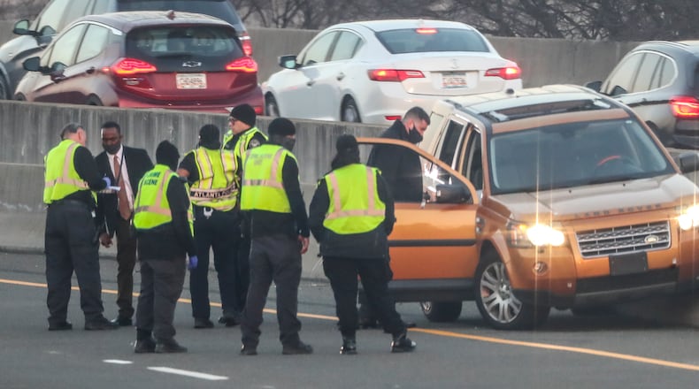 The eastbound lanes of I-20 were closed for more than three hours on Feb. 25, 2021, after a man was found shot inside his vehicle in downtown Atlanta. (JOHN SPINK / John.Spink@ajc.com)