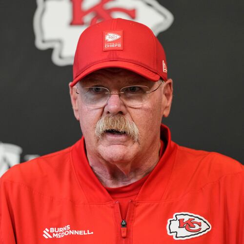 Kansas City Chiefs head coach Andy Reid addresses the media after the NFL football team's organized team activities Thursday, May 28, 2026, in Kansas City, Mo. (AP Photo/Charlie Riedel)