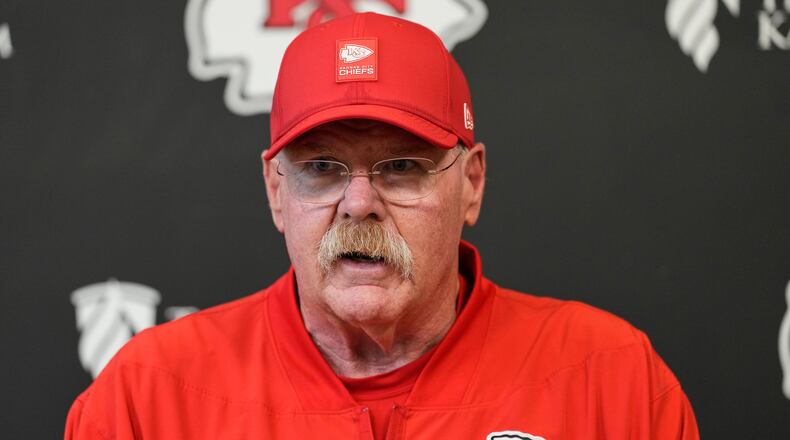 Kansas City Chiefs head coach Andy Reid addresses the media after the NFL football team's organized team activities Thursday, May 28, 2026, in Kansas City, Mo. (AP Photo/Charlie Riedel)