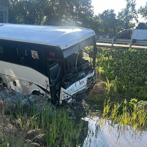 This photo, provided by the Virginia State Police, shows the scene of a fatal accident involving a passenger bus on Interstate 95 in near Quantico, Va., on Friday, May 29, 2026. (Virginia State Police via AP)