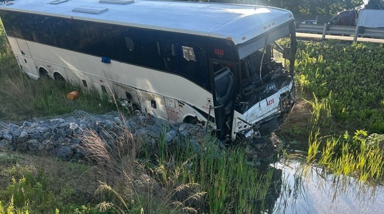 This photo, provided by the Virginia State Police, shows the scene of a fatal accident involving a passenger bus on Interstate 95 in near Quantico, Va., on Friday, May 29, 2026. (Virginia State Police via AP)