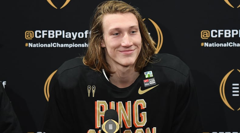 Clemson quarterback Trevor Lawrence speaks to the media winning the College Football Playoff Championship over Alabama Jan. 7, 2019, at Levi's Stadium in Santa Clara, Calif.