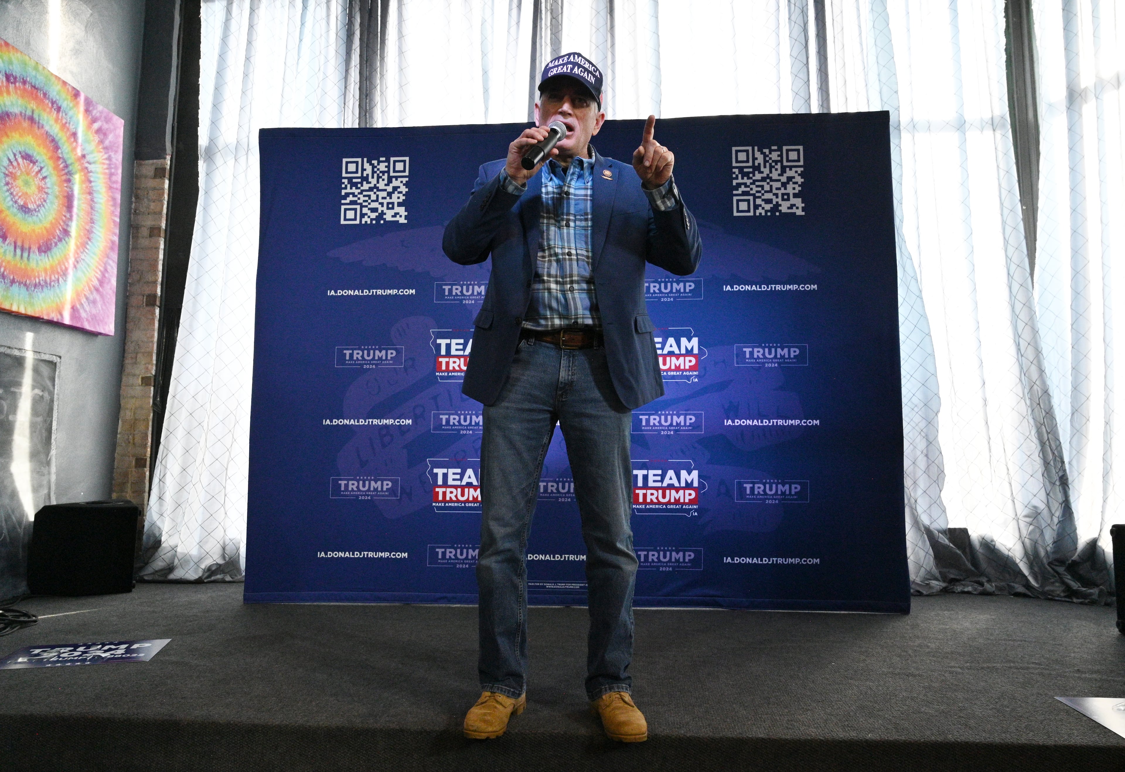 Last year, U.S. Rep. Andrew Clyde, R-Athens, spoke to supporters of Donald Trump at an event in Fort Dodge, Iowa. (Hyosub Shin/AJC)