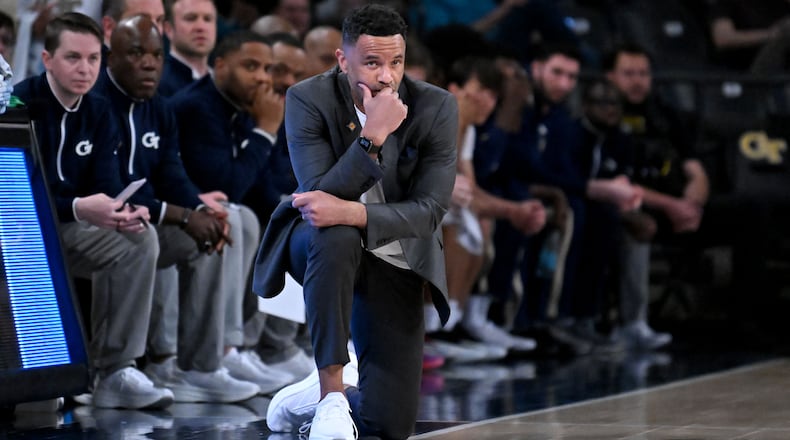Georgia Tech coach Damon Stoudamire reacts during the first half of an NCAA college basketball game in the first round of the NIT, at Georgia Tech’s McCamish Pavilion, Tuesday, March 18, 2025, in Atlanta. (Hyosub Shin / AJC)