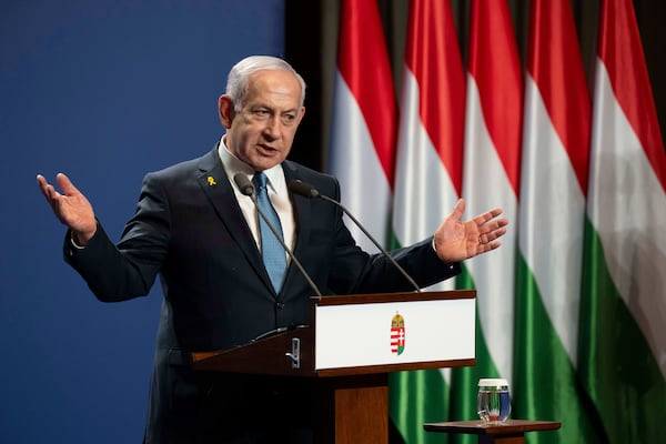 Israeli Prime Minister Benjamin Netanyahu speaks during a press statement at the Carmelite Monastery in the Buda Castle in Budapest, Hungary, Thursday, April 3, 2025. (AP Photo/Denes Erdos)