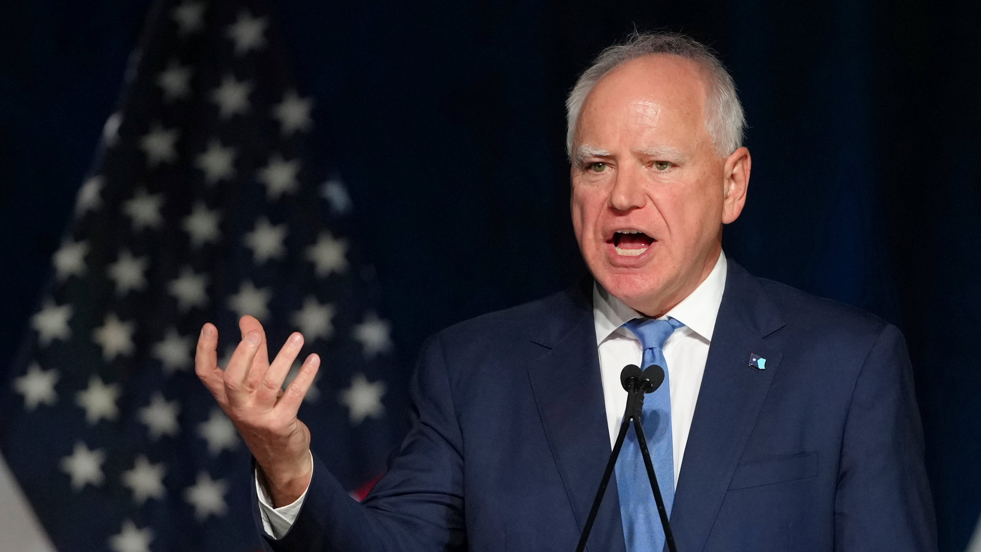 FILE - Minnesota Gov. Tim Walz speaks at the California Democratic Party's 2025 State Convention at the Anaheim Convention Center in Anaheim, Calif., on May, 31, 2025. (AP Photo/Damian Dovarganes, file)
