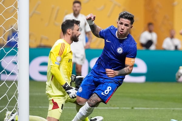 Chelsea's Enzo Fernandez celebrates after scoring his side's second goal against Los Angeles FC during the Club World Cup group D soccer match between Chelsea and Los Angeles FC in Atlanta, Monday, June 16, 2025. (AP Photo/Brynn Anderson)