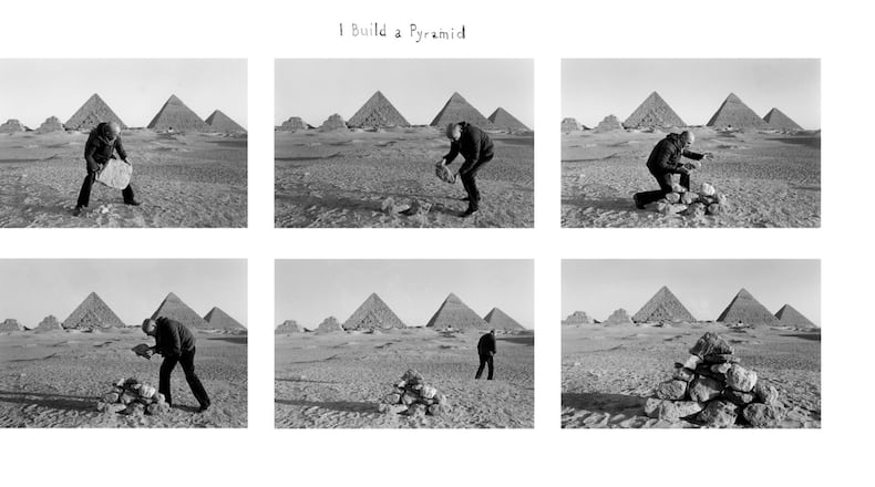 “I Build a Pyramid” is a self-portrait by Duane Michals in his famous narrative style. As part of Atlanta Celebrates Photography, Michals gives a lecture Oct. 6 at the High Museum of Art. “Duane Michals: The Narrative Photograph” runs at Jackson Fine Art from Oct. 7-Dec. 3 and includes “I Build a Pyramid.” CONTRIBUTED BY DUANE MICHALS, COURTESY OF JACKSON FINE ART