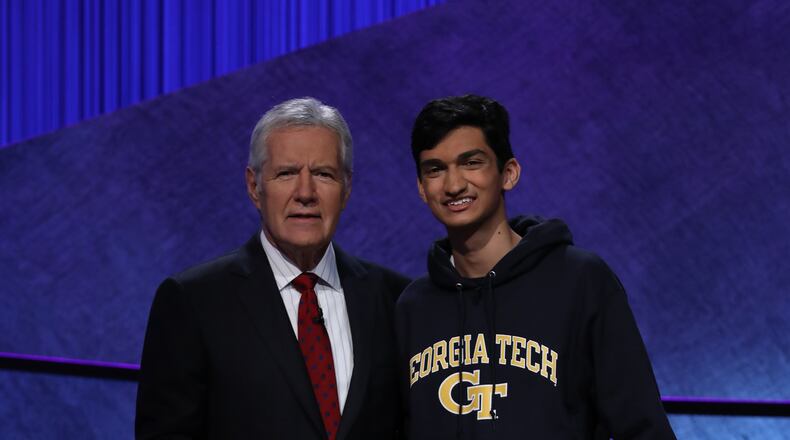 Host Alex Trebek with Georgia Tech freshman Rishab Jain