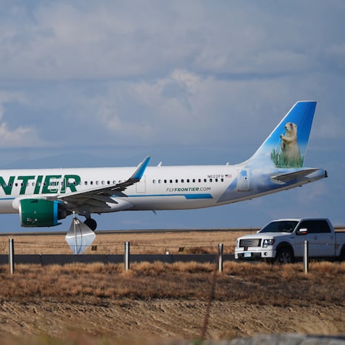 FILE - A Frontier Airlines jetliner taxis down a runway for take off from Denver International airport on Nov. 25, 2025, in Denver. (AP Photo/David Zalubowski, File)