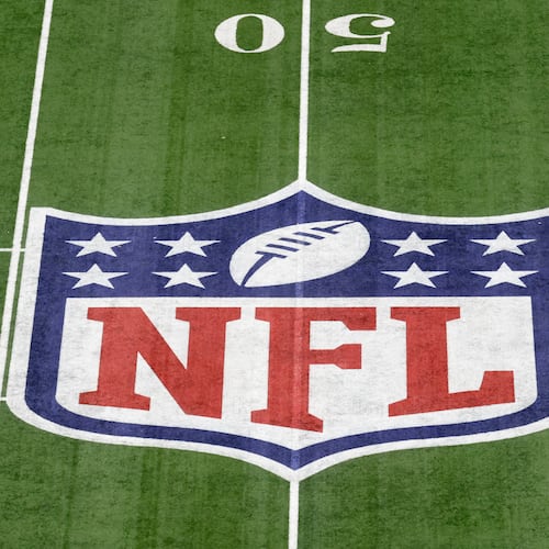 FILE - The NFL shield is displayed at midfield during the Super Bowl 59 NFL football game, Feb. 9, 2025, in New Orleans. (AP Photo/Adam Hunger, File)