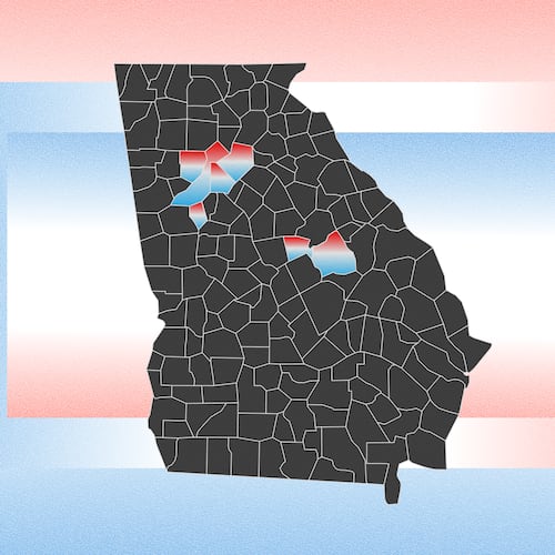The race for governor between Rick Jackson and Keisha Lance Bottoms could hinge on politically divided counties in middle Georgia (center) and Democratic strongholds in metro Atlanta (top left). (Illustration: AJC | Source: Getty)
