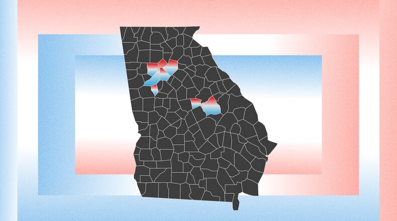 The race for governor between Rick Jackson and Keisha Lance Bottoms could hinge on politically divided counties in middle Georgia (center) and Democratic strongholds in metro Atlanta (top left). (Illustration: AJC | Source: Getty)