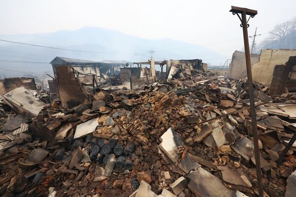 A burnt-out house in a destroyed village is seen in Cheongsong, South Korea, Thursday, March 27, 2025. (Kim Do-hun/Yonhap via AP)