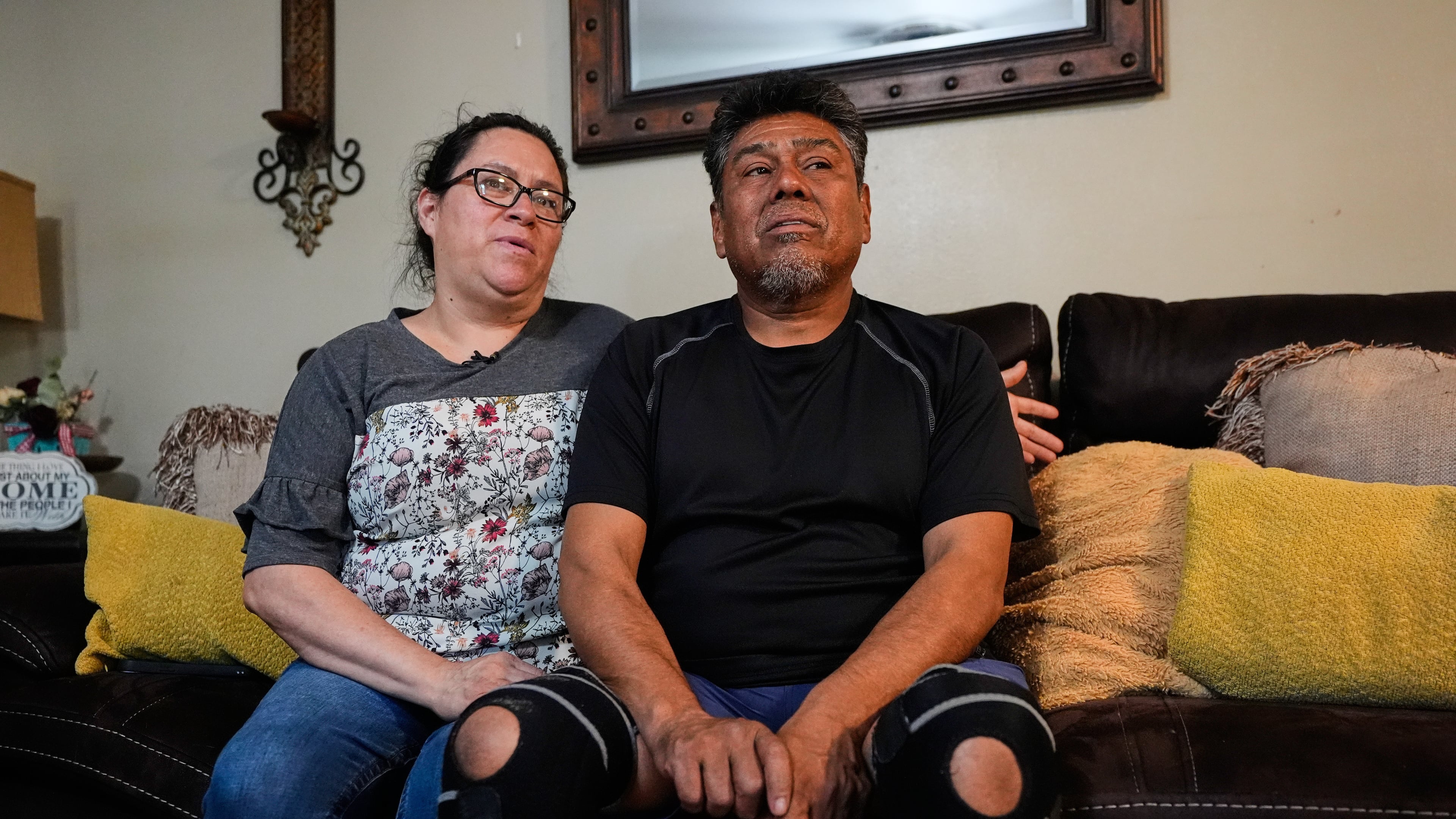 Celia Monreal and her husband Jorge, respond to a question during an interview at their home Wednesday, Oct. 8, 2025, in Tyler, Texas. (AP Photo/Tony Gutierrez)
