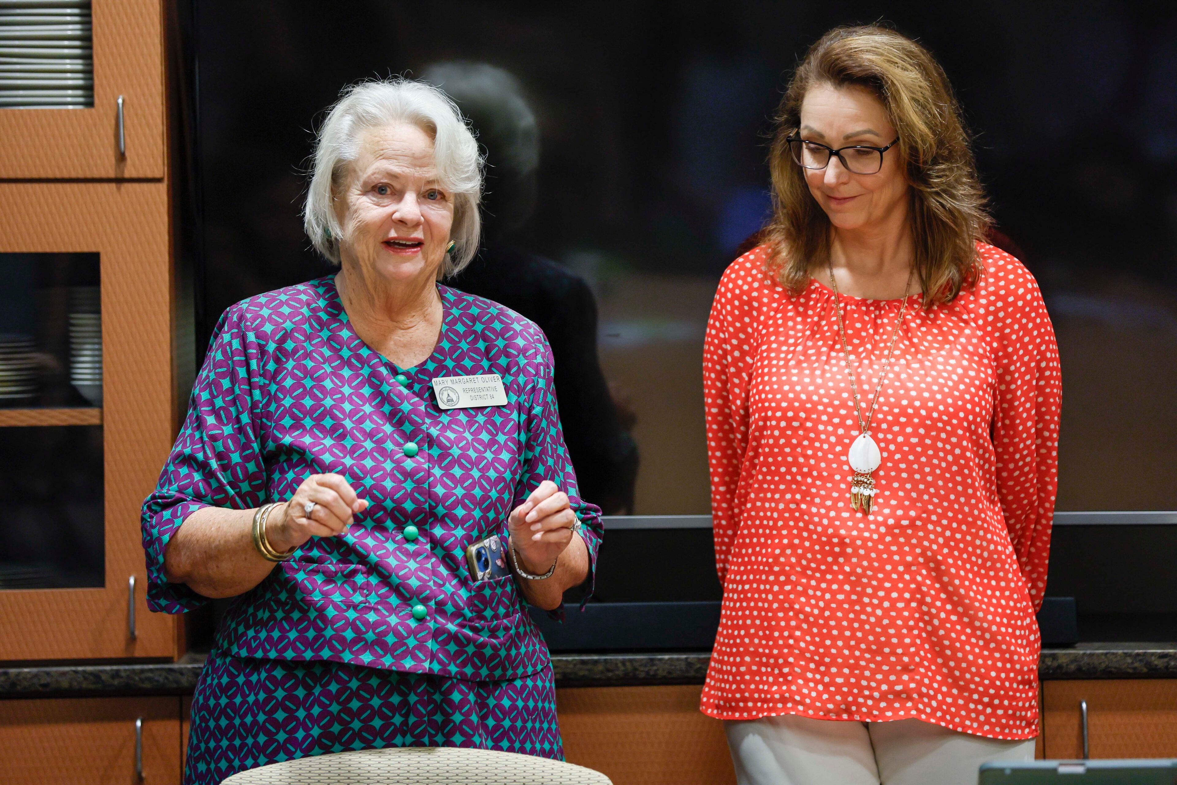 State Rep. Margaret Mary Oliver, D-Decatur, along with National Alliance of Mental Illness CEO Kim Jones, speaks at a press conference in the Sloppy Floyd Capitol Room, advocating for equal insurance coverage of mental health care and physical health care on Monday, August 18, 2025.
(Miguel Martinez/ AJC)