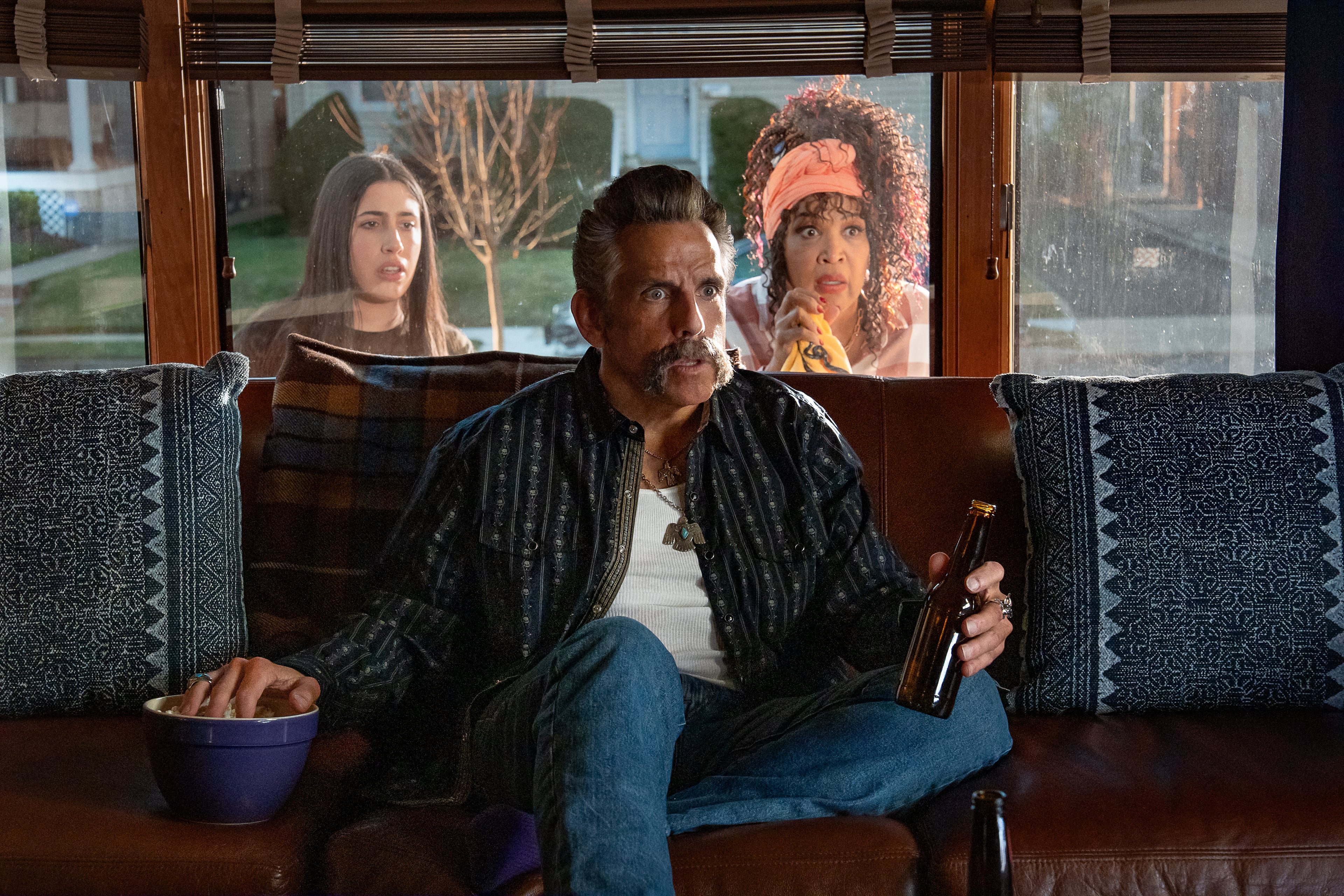 Sadie Sandler as Charlotte (from left), Ben Stiller as Hal L. and Kym Whitley as Bessie appear in "Happy Gilmore 2." (Scott Yamano/Netflix)