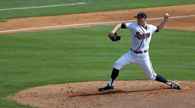 Pictured: Gwinnett Braves starting pitcher Sean Newcomb (15) delivers a pitch to a Toledo Mud Hens batter during their game at Coolray Field Thursday, May 11, 2017, in Lawrenceville, Ga. PHOTO / JASON GETZ