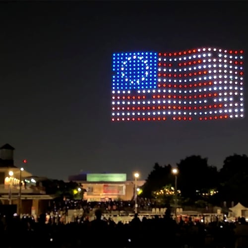 Drones put on a show in the sky near independence hall in Philadelphia on Thursday, July 2, 2026. (AP Photo/Jack Auresto)