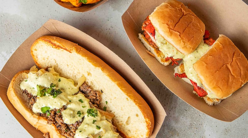 Menu staples for Atlanta pop-up Dhaba BBQ include (clockwise from top left) lemon pepper masala wings, Dhaba cheesesteak and tandoori chicken sandwiches. / Courtesy of Dhaba BBQ
