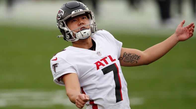 Atlanta Falcons kicker Younghoe Koo (7) watches his kick against the Tampa Bay Buccaneers during an NFL football game Sunday, Jan. 3, 2021, in Tampa, Fla. The Buccaneers won the game 44-27. (Jeff Haynes/AP Images for Panini)