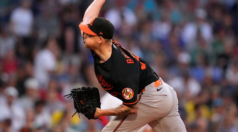 Baltimore Orioles starting pitcher Kyle Bradish delivers in the first inning during the second baseball game of a doubleheader against the Boston Red Sox, Wednesday, July 22, 2026, in Boston. (AP Photo/Charles Krupa)