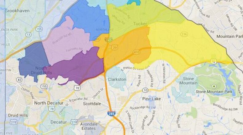 The city of LaVista Hills, located mostly inside the Perimeter, would include more than 67,000 residents in six districts. The city of Tucker, reaching east from Interstate 285, would cover more than 33,000 residents in three districts, with two council members elected from each district. Credit: Map data @2015 Google.