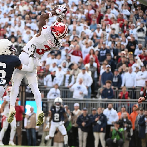 Indiana wide receiver Omar Cooper Jr. (3) catches a touchdown pass over Penn State safety Zakee Wheatley (6) during the fourth quarter of an NCAA college football game, Saturday, Nov. 8, 2025, in State College, Pa. (AP Photo/Barry Reeger)