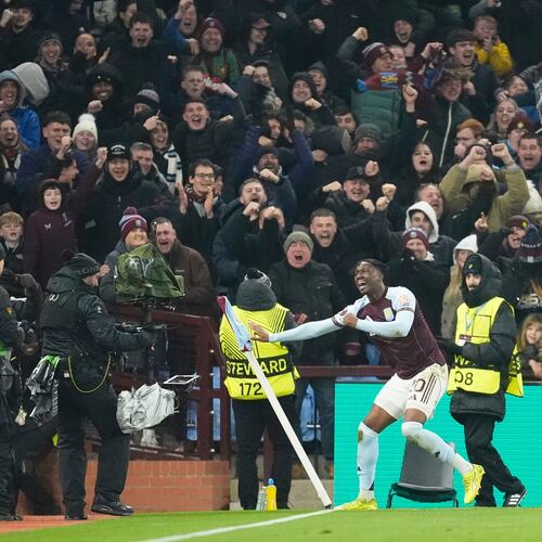 Aston Villa's Jamaldeen Jimoh-Aloba celebrates scoring during the Europa League opening phase soccer match between Aston Villa and RB Salzburg in Birmingham, England, Thursday Jan. 29, 2026. (Nick Potts/PA via AP)