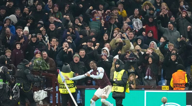 Aston Villa's Jamaldeen Jimoh-Aloba celebrates scoring during the Europa League opening phase soccer match between Aston Villa and RB Salzburg in Birmingham, England, Thursday Jan. 29, 2026. (Nick Potts/PA via AP)