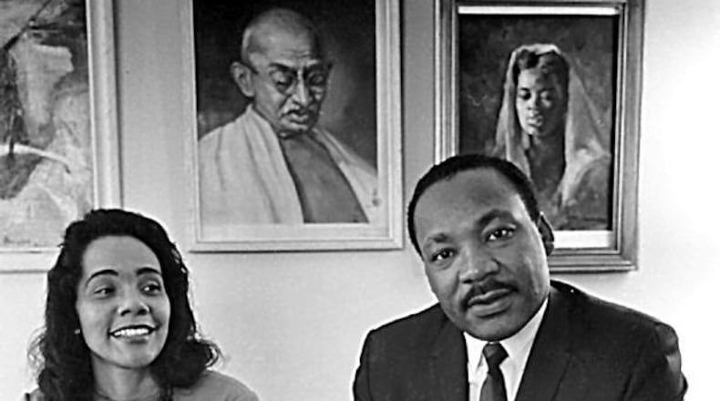 Coretta Scott King and Dr. Martin Luther King Jr. pose for a portrait at home in Atlanta in March 1968. Dr. King was assassinated only weeks later (Special to the AJC/Ben Fernandez)