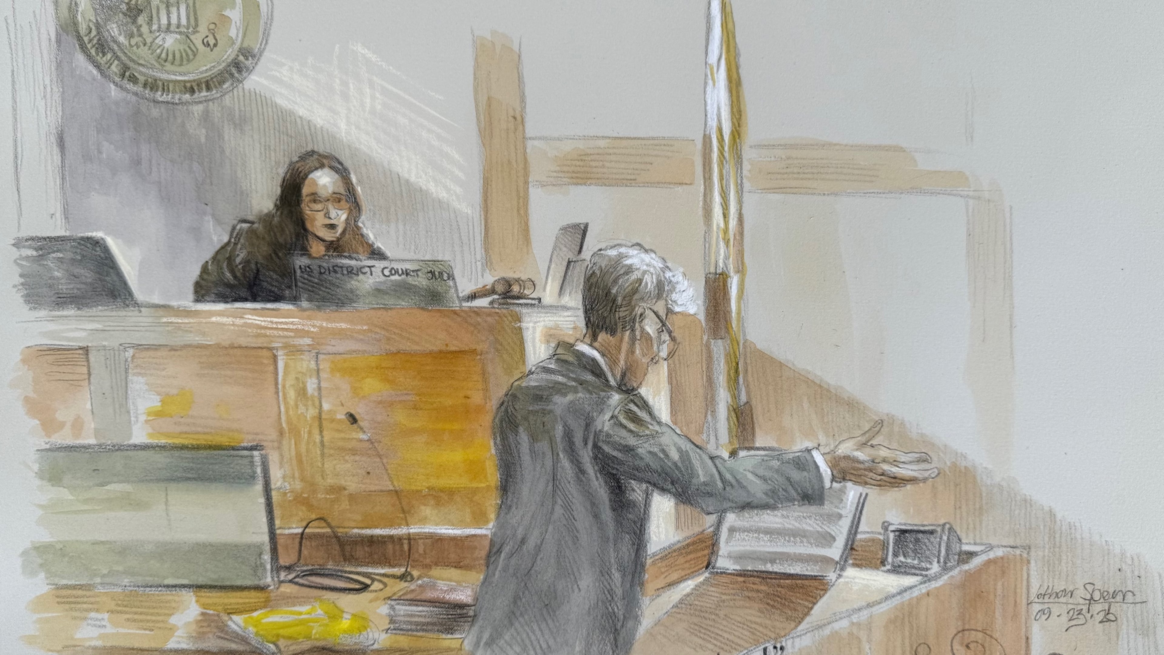 This courtroom sketch shows U.S. District Judge Aileen Cannon listening to Ryan Routh during his trial where he is charged with attempting to assassinate Donald Trump last year at a golf course in South Florida, Tuesday, Sept. 23, 2025, in Fort Pierce, Fla. (Lothar Speer via AP)