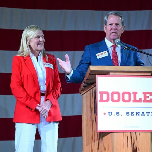 Gov. Brian Kemp and first lady Marty Kemp campaigned for Derek Dooley for U.S. Senate. (Daniel Varnado/AJC)