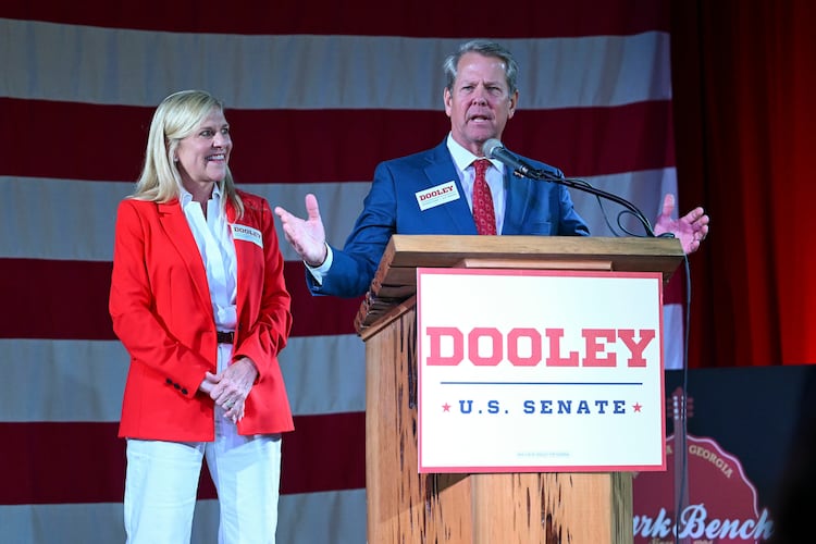 Gov. Brian Kemp and first lady Marty Kemp campaigned for Derek Dooley for U.S. Senate. (Daniel Varnado/AJC)