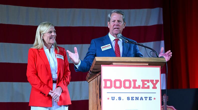 Gov. Brian Kemp and first lady Marty Kemp campaigned for Derek Dooley for U.S. Senate. (Daniel Varnado/AJC)