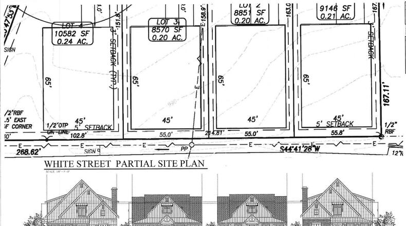 At the request of the applicant, Suwanee postponed a decision on a zoning request that would allow construction of 4 single family homes on about 0.85 acres at 653 White St. at the corner of White Street and Davis Street in Old Town. (Courtesy City of Suwanee)