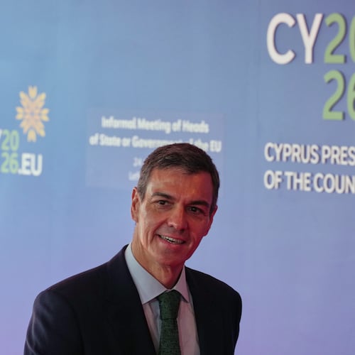 Spain's Prime Minister Pedro Sanchez arrives for the EU Summit in Nicosia, Cyprus, Friday, April 24, 2026. (AP Photo/Petros Karadjias)