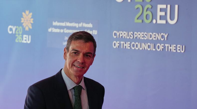 Spain's Prime Minister Pedro Sanchez arrives for the EU Summit in Nicosia, Cyprus, Friday, April 24, 2026. (AP Photo/Petros Karadjias)