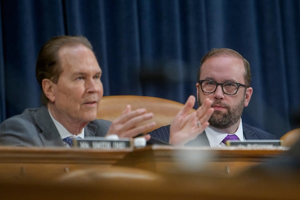 Chairman Rep. Jason Smith, R-Mo., right, listens as Rep. Vern Buchanan, R-Fla., questions U.S. Trade Representative Jamieson Greer during a House Committee on Ways and Means hearing on Capitol Hill, Wednesday, April 9, 2025, in Washington. (AP Photo/Rod Lamkey, Jr.)