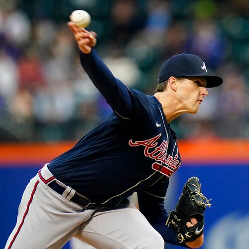 Atlanta Braves' Kyle Wright pitches during the first inning in the second baseball game of the team's doubleheader against the New York Mets on Tuesday, May 3, 2022, in New York. (AP Photo/Frank Franklin II)