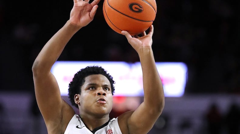 Georgia freshman Sahvir Wheeler shoots against the Citadel in a NCAA college basketball game on Tuesday, November 12, 2019, in Athens.   Curtis Compton/ccompton@ajc.com