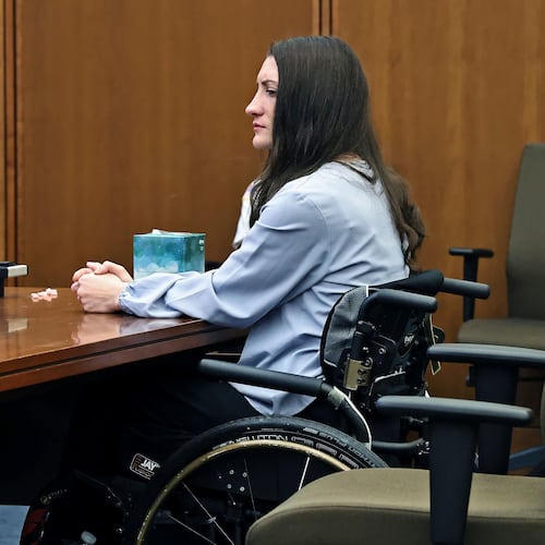 Lindsay Clancy sits at the defense table as Kevin Reddington asks the jury to find her not guilty during her murder trial at Plymouth Superior Court in Plymouth, Mass., Thursday, Aug. 27, 2026. (Greg Derr/The Patriot Ledger via AP, Pool)
