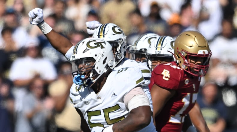 Georgia Tech defensive lineman Horace Lockett (55) reacts during the second half of an NCAA college football game at Georgia Tech's Bobby Dodd Stadium, Saturday, October 21, 2023, in Atlanta. Boston College won 38-23 over Georgia Tech. (Hyosub Shin / Hyosub.Shin@ajc.com)
