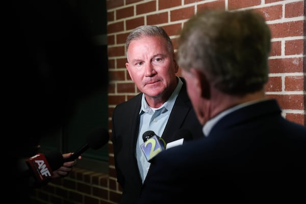 Vice President of Planning Services for HPM Construction Tracy Richter speaks to members of the press during an Atlanta school board meeting in Atlanta on Wednesday, Nov. 5, 2025. APS held its first vote on school consolidation plans. (Abbey Cutrer/AJC)